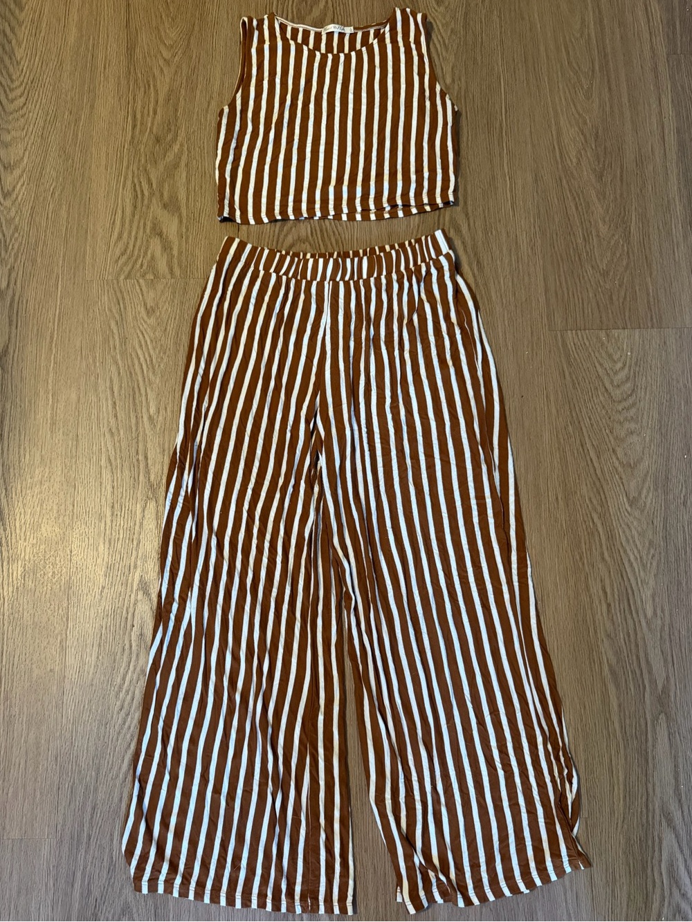 Heart Hips Brown & White Striped Wide-Leg Two-Piece Set